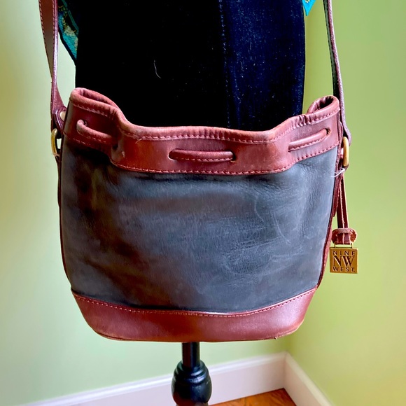 Vintage 1990s Nine West Small Hobo Bag Brown Leather Black Suede - Picture 2 of 10